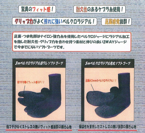ベルクロ ラジアルソフトブーツ 指割れタイプ 3mm 日本製 – Uoo Surf